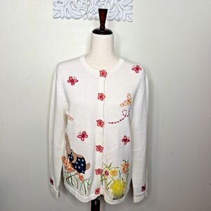 ALL POINTS M Cardigan Sweater Spring Applique Butterflies Embroidered Flowers
